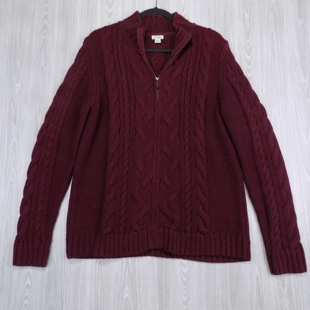 L.L.Bean Womens Double L Cable Knit Sweater Full Zip XL Burgundy Cotton EUC
